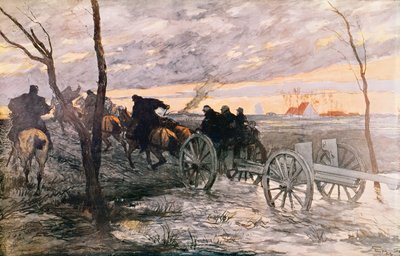 Sonnenuntergang im Tal von Yser: ein 75-Kanone wird in eine strategische Position gebracht, ca. 1914 von Georges Bertin Scott